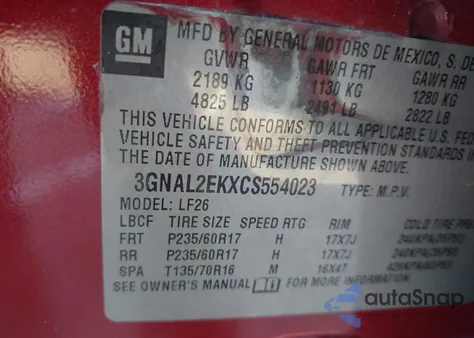 2012 Chevrolet Captiva Sport 2Ls из США, поврежденный, VIN 3GNAL2EKXCS554023